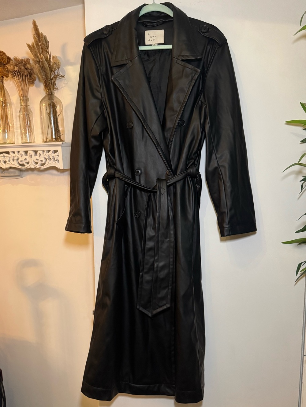 a new day Black Faux-Leather Long Trench Coat